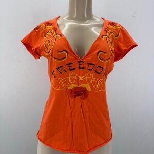 Johnny Was Embroidered "FREEDOM" T-Shirt V-Neck Small Orange Artsy Boho Grunge